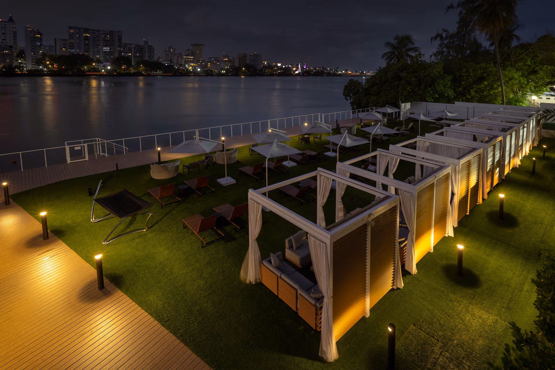 Laguna Terrace at night — golden hour into evening on the water